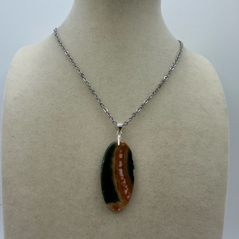 Ocean Jasper Pendant Necklace on Sterling Silver Bail & Stainless Steel Chain - Picture 6 of 8